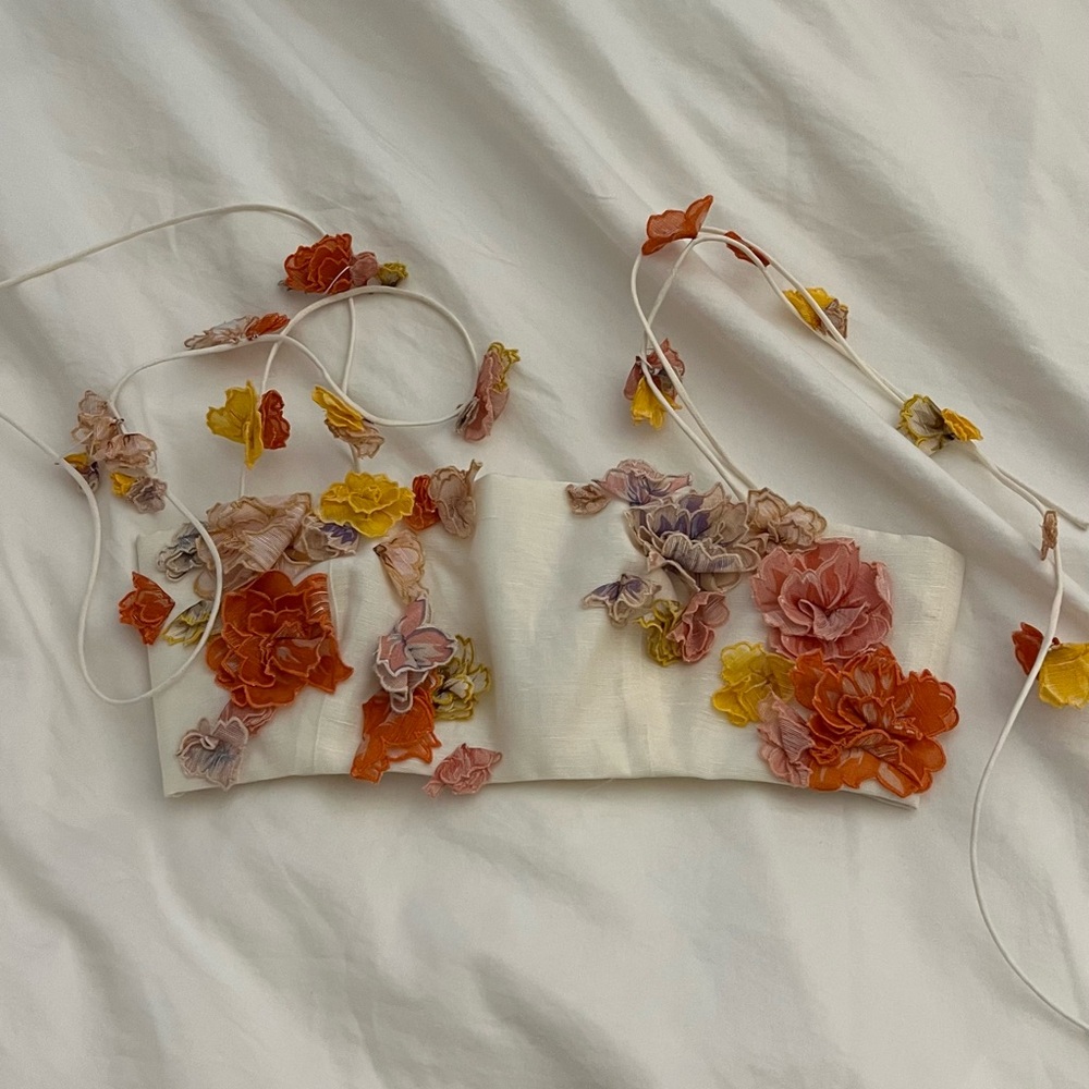 Zimmermann postcard flower applique organza top + midi skirt set